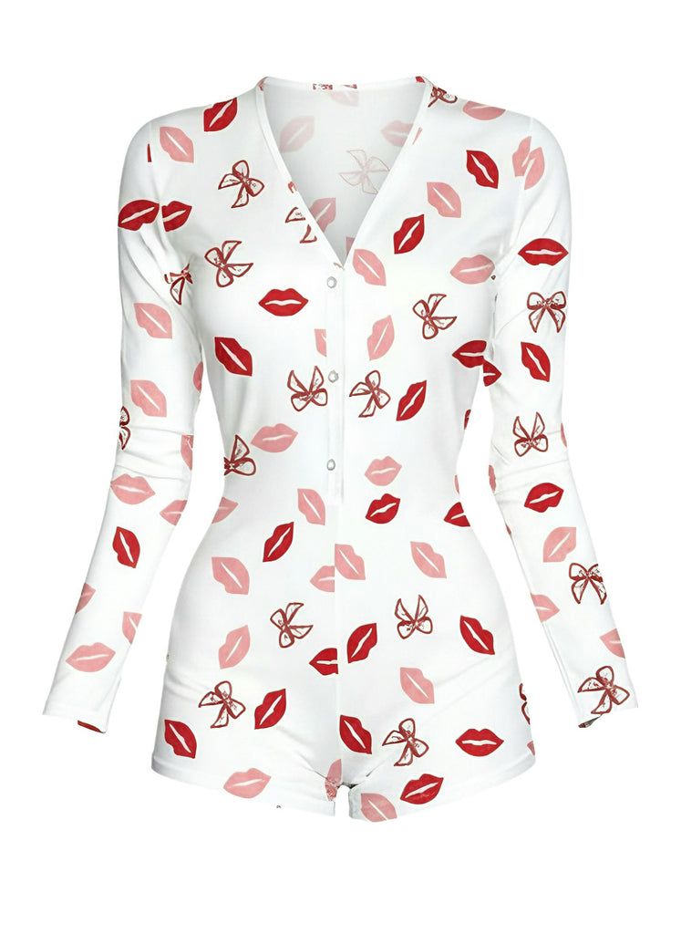 1980s V-Neck Heart Slip Print Romper Pajama - vintage jumpsuit, retro fashion