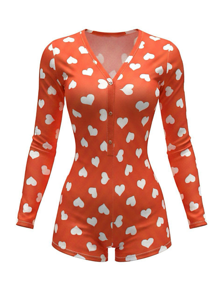 1980s V-Neck Heart Slip Print Romper Pajama - vintage jumpsuit, retro fashion