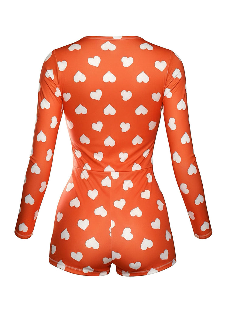 1980s V-Neck Heart Slip Print Romper Pajama - vintage jumpsuit, retro fashion