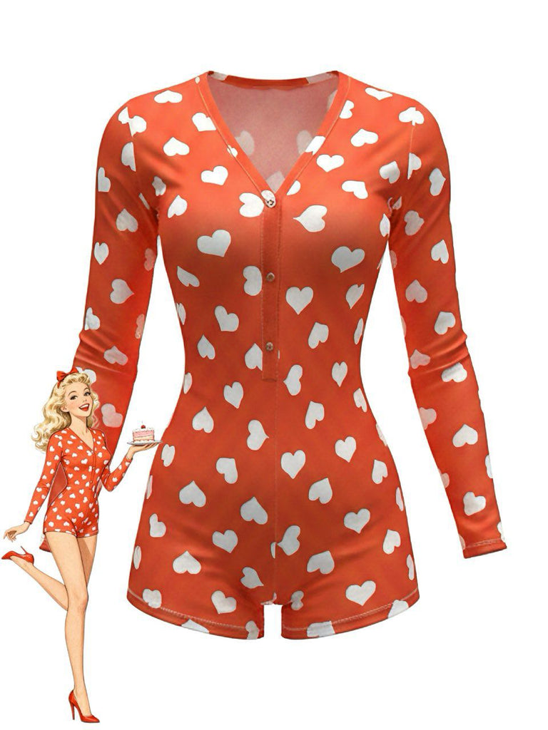 1980s V-Neck Heart Slip Print Romper Pajama, vintage romper, retro jumpsuit - perfect for women who love vintage and retro fashion