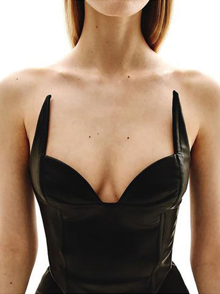 1980s V-Neck Slim Backless Pu Leather Vest - vintage fashion, retro style