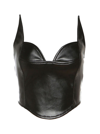 She finds her 1980s story in this 1980s V-Neck Slim Backless Pu Leather Vest