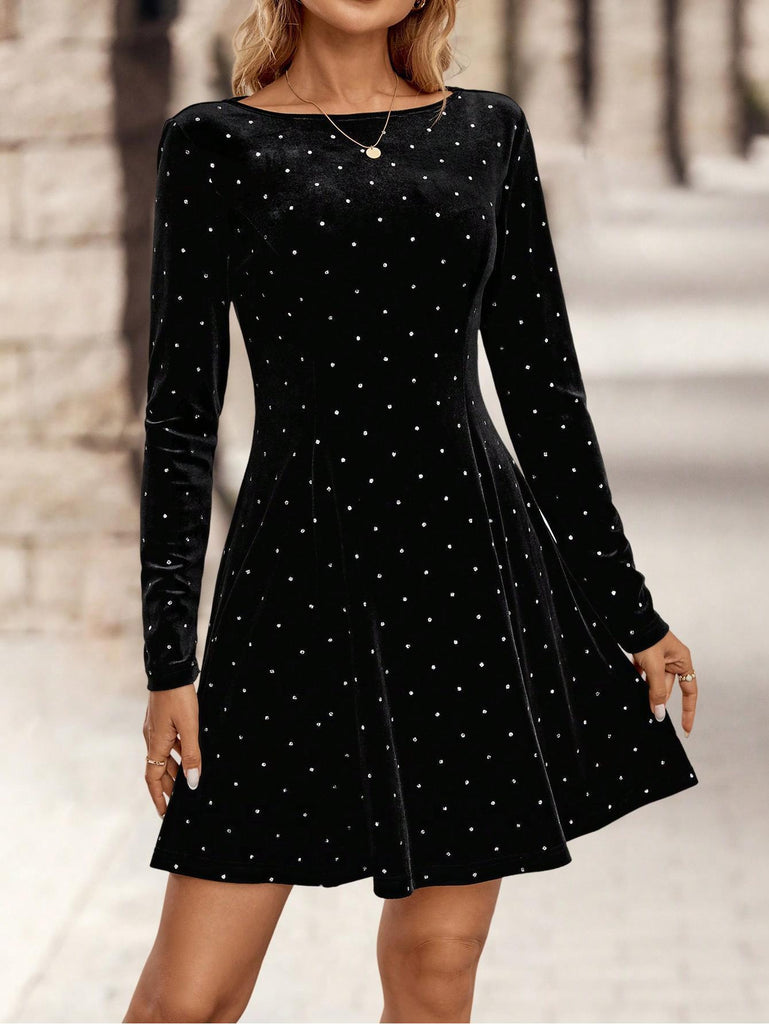 1980s Velvet Rhinestone Fit Party Dress - vintage dress, retro fashion