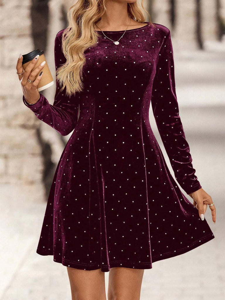 Women's Rhinestone Fit Party Velvet Mini Dress Wine Red