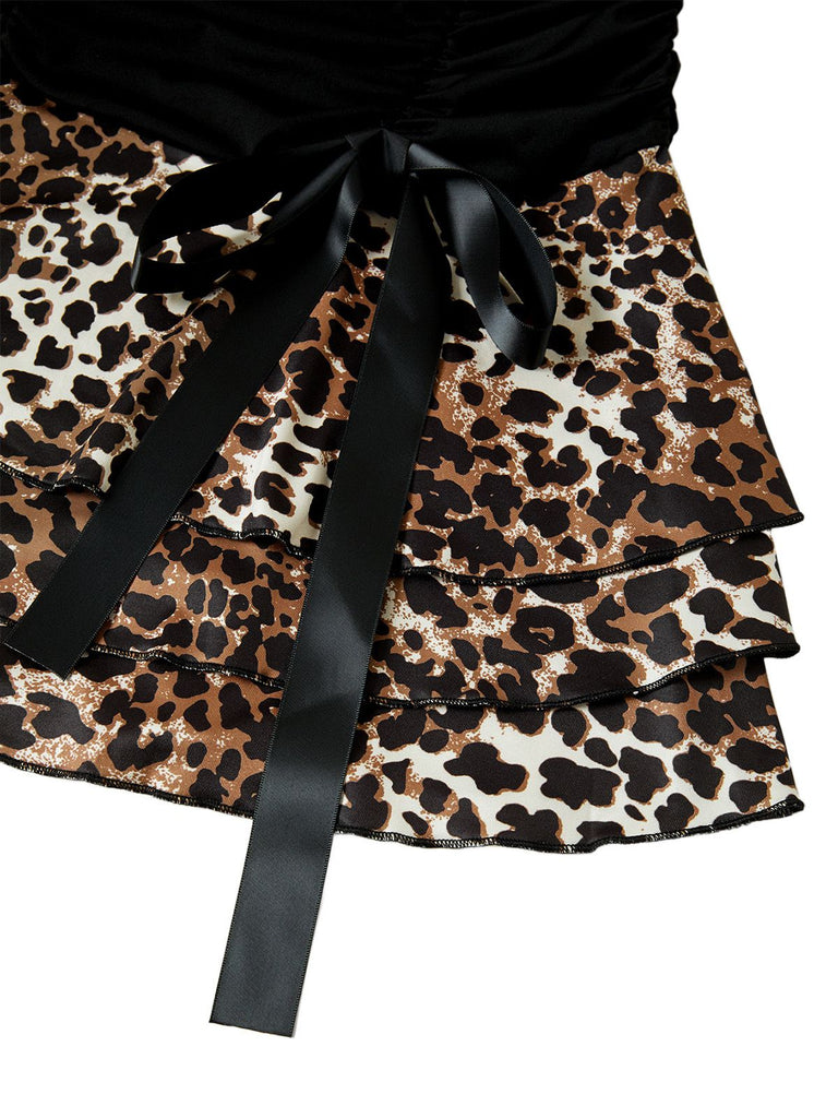 1980s Wrap Leopard Ruffle Tie Mini Dress - vintage dress, retro fashion