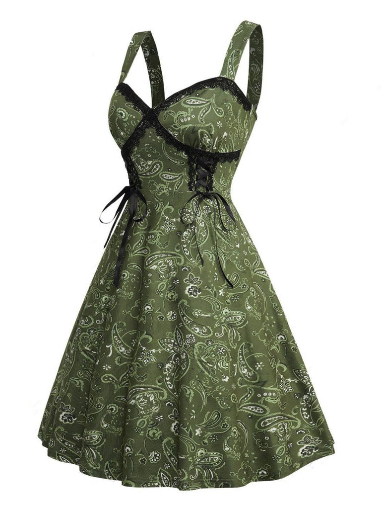 Green 1950s Paisley Lace Patchwork Swing Dress