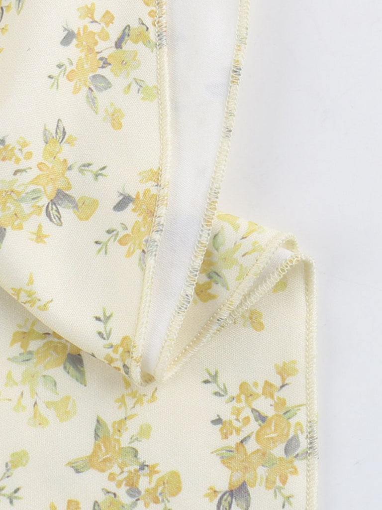 Yellow 1960s Floral Puff Sleeves V-Neck Dress