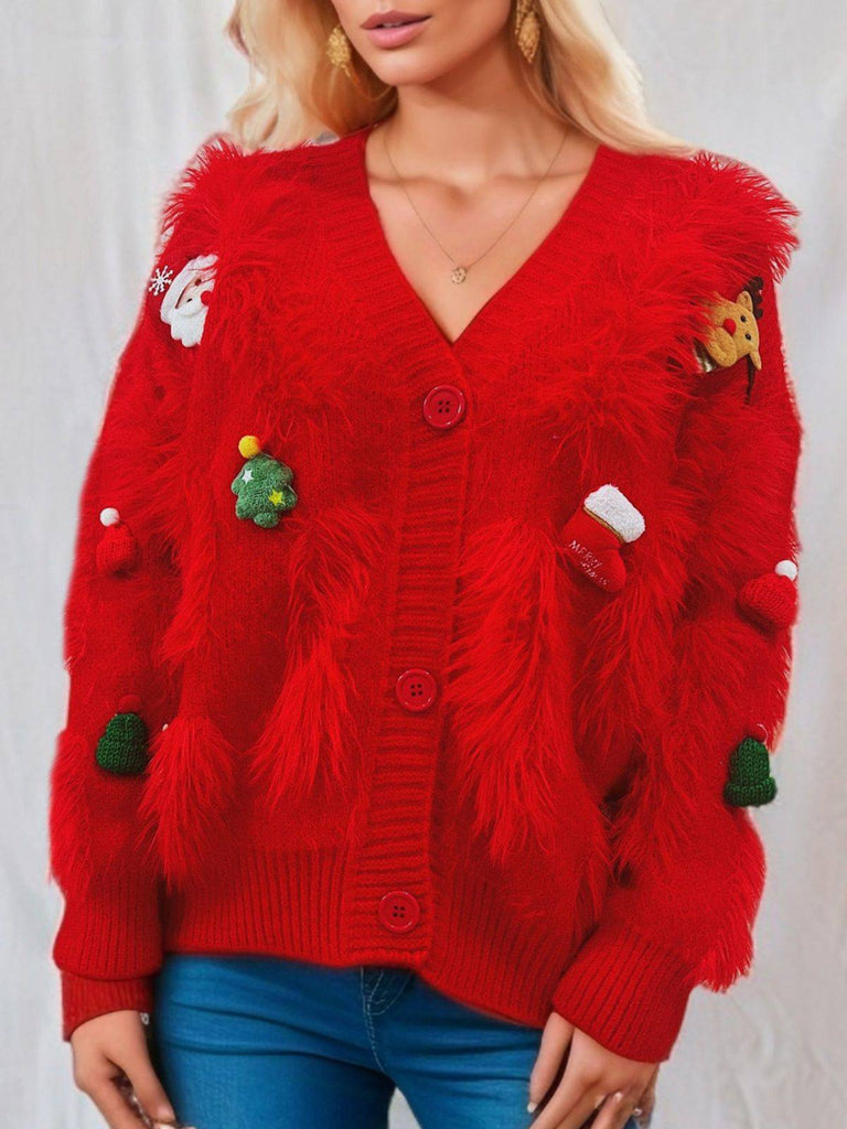 1970s 3D Christams Print Fluffy Knit Button Cardigan