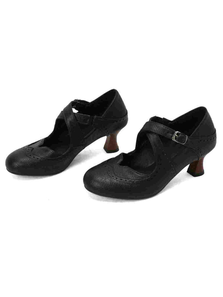 Cross-Strap Perforated Mary Jane Heels