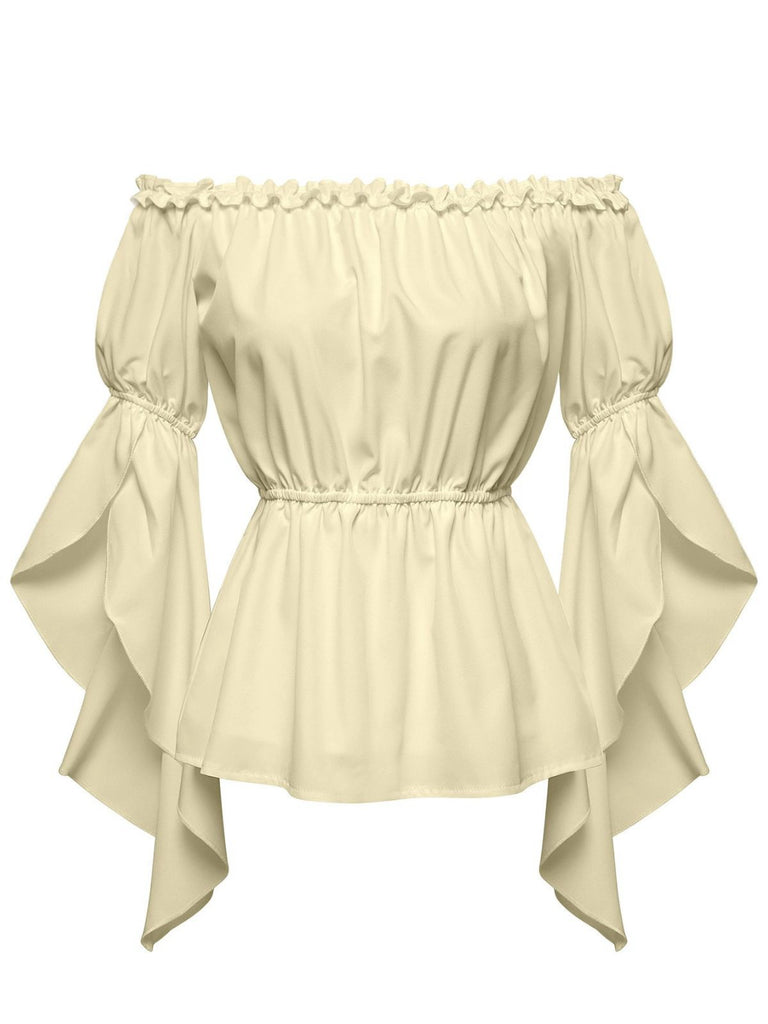 1930s Ruffled Bell Sleeve Off-Shoulder Solid Top