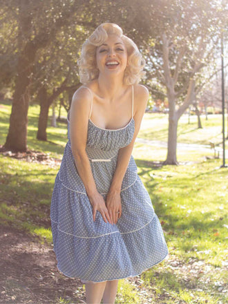 Sky Blue 1950s Strap Polka Dot Swing Dress