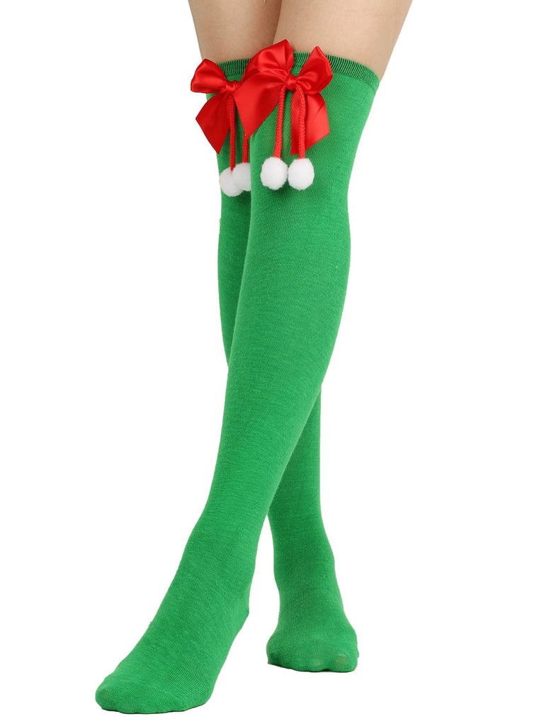 Christmas Striped Bow Pom-Poms Socks