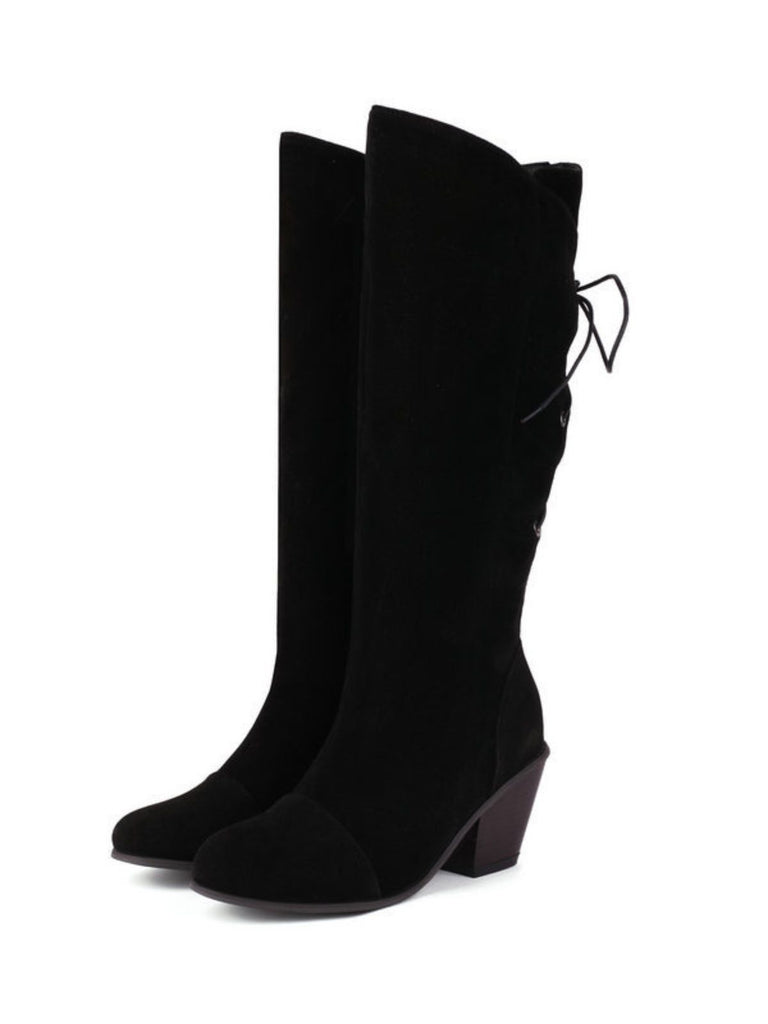 Suede Knee Lace-Up Block Heel Boots