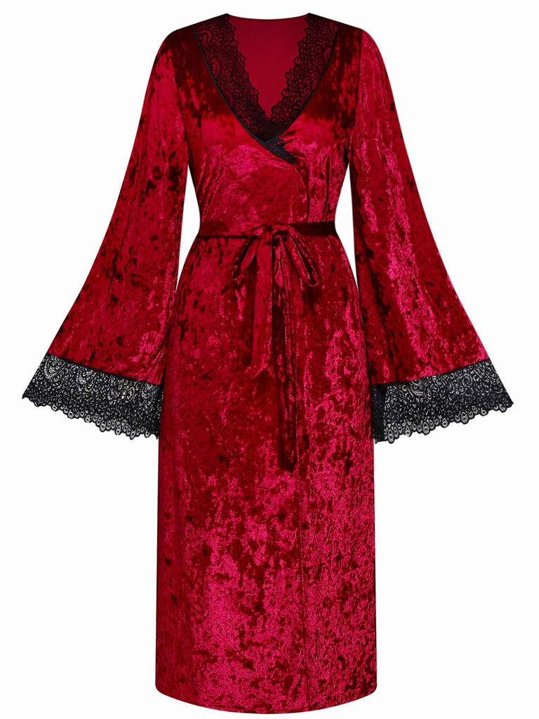 1930s Velvet Lace Long Sleeve Patchwork Pajama Robe
