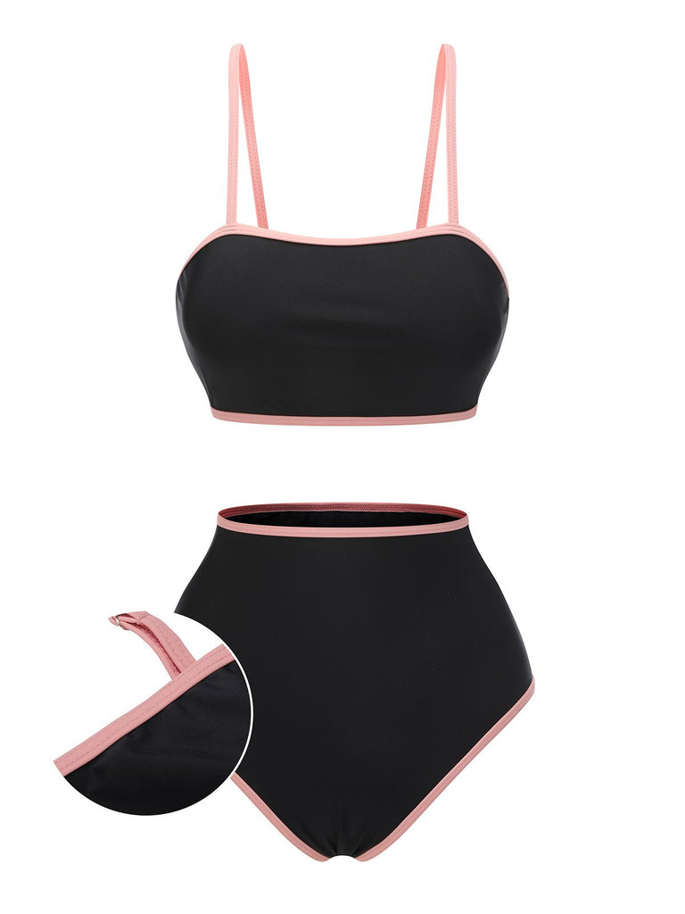 Black 1940s Contrasting Trim Spaghetti Strap Swimsuit