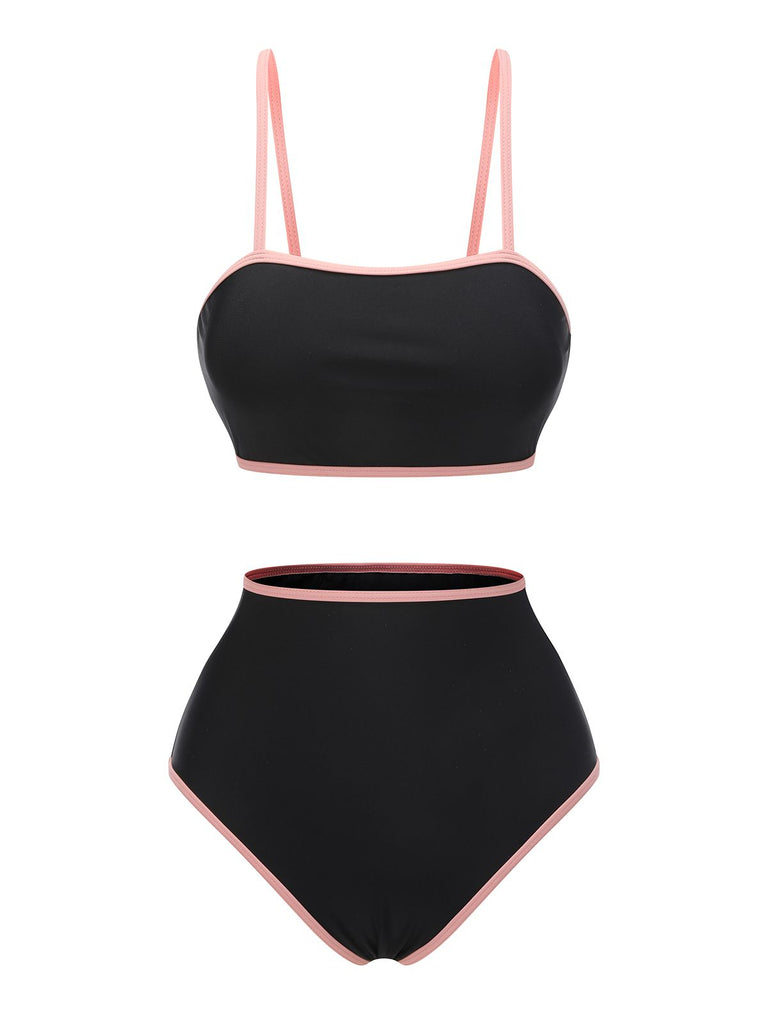Black 1940s Contrasting Trim Spaghetti Strap Swimsuit