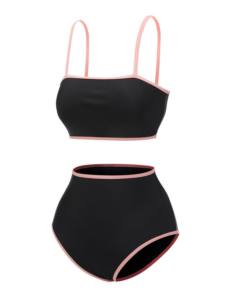 Black 1940s Contrasting Trim Spaghetti Strap Swimsuit