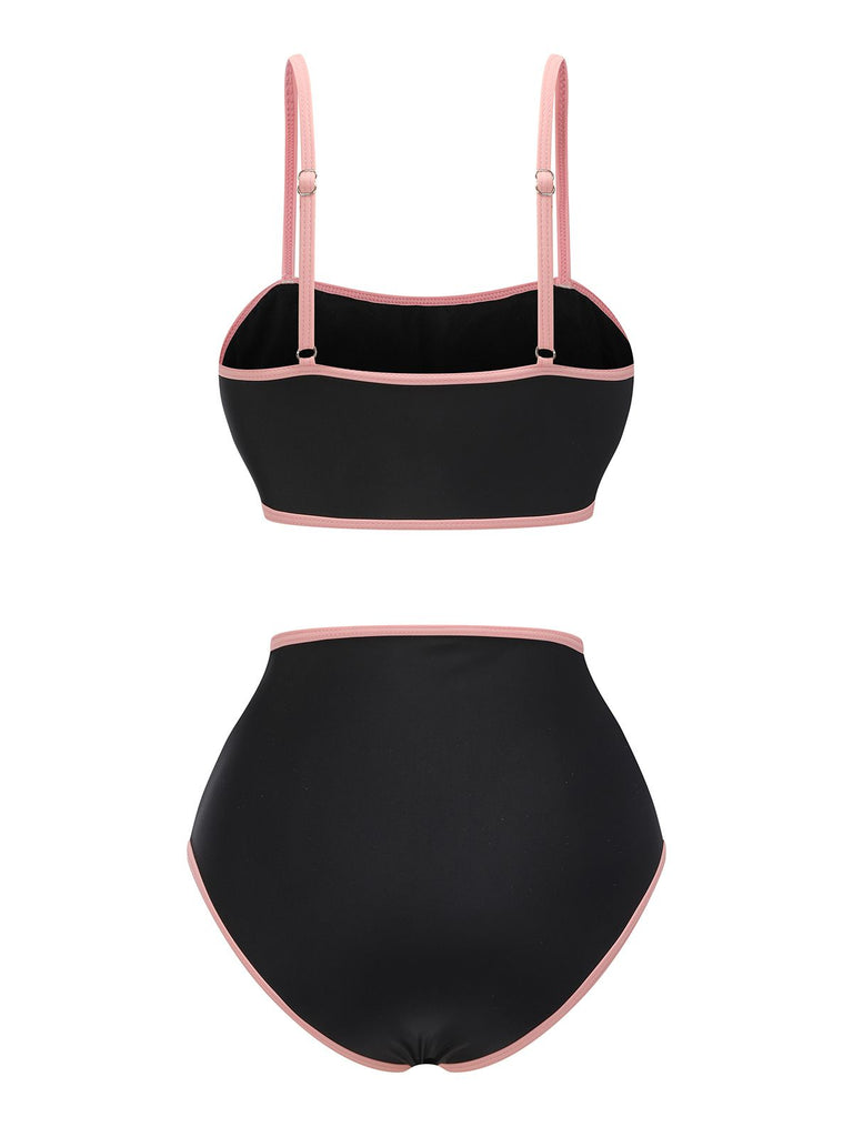 Black 1940s Contrasting Trim Spaghetti Strap Swimsuit