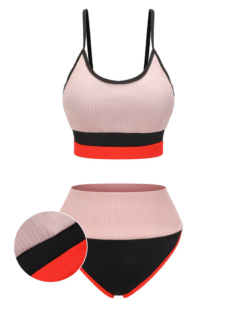 Apricot 1940s Patchwork Spaghetti Strap Swimsuit