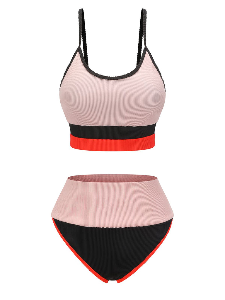 Apricot 1940s Patchwork Spaghetti Strap Swimsuit