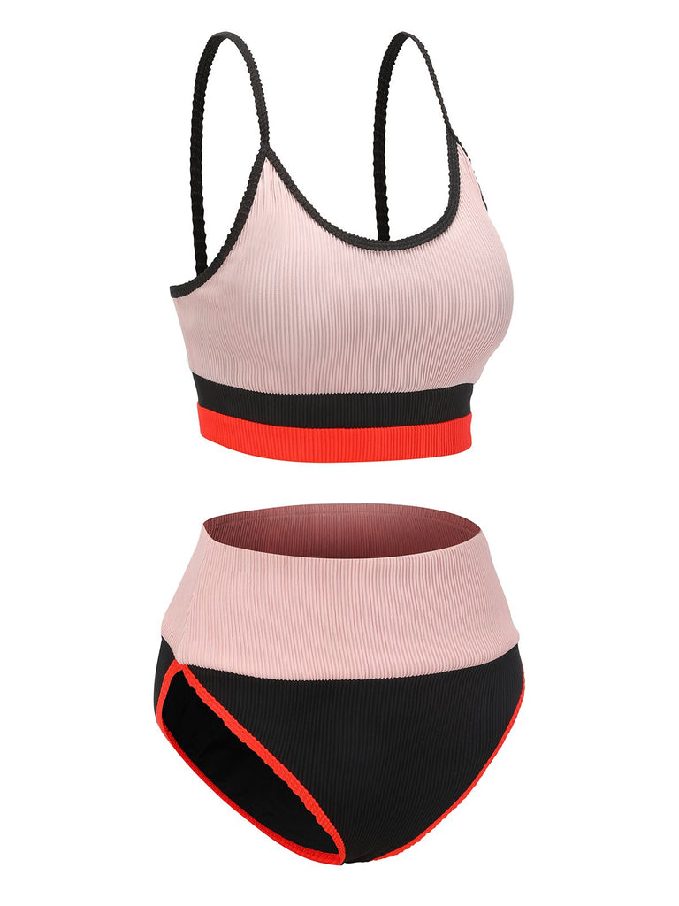 Apricot 1940s Patchwork Spaghetti Strap Swimsuit