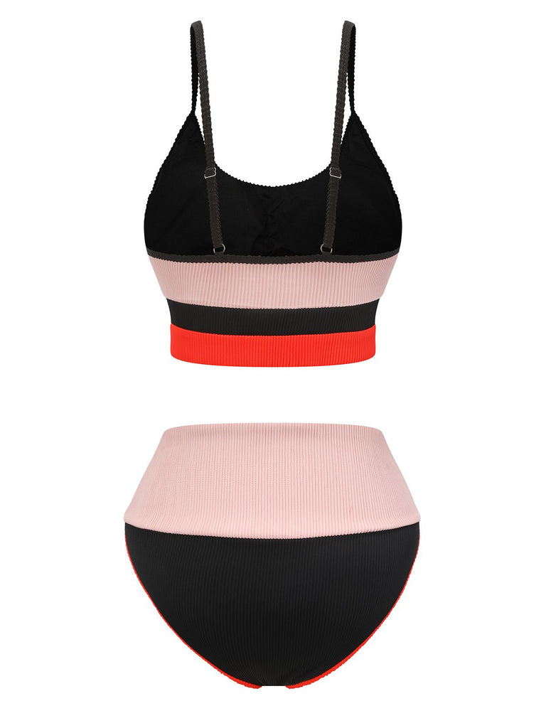 Apricot 1940s Patchwork Spaghetti Strap Swimsuit