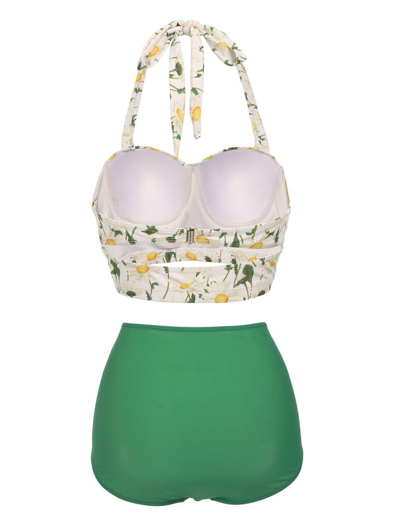 [Plus Size] 1950s Floral Halter Lace-up Bikini Set