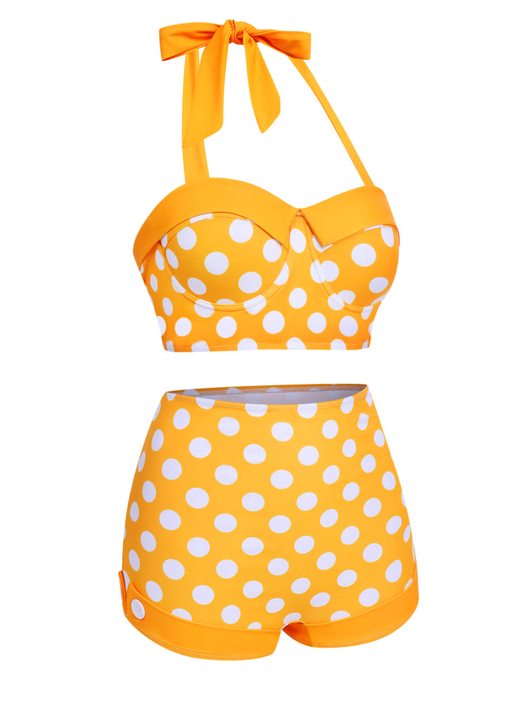 [US Warehouse] Yellow 1950s Polka Dots Halter Bikini Set