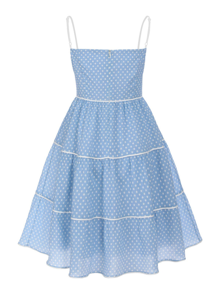 Sky Blue 1950s Strap Polka Dot Swing Dress