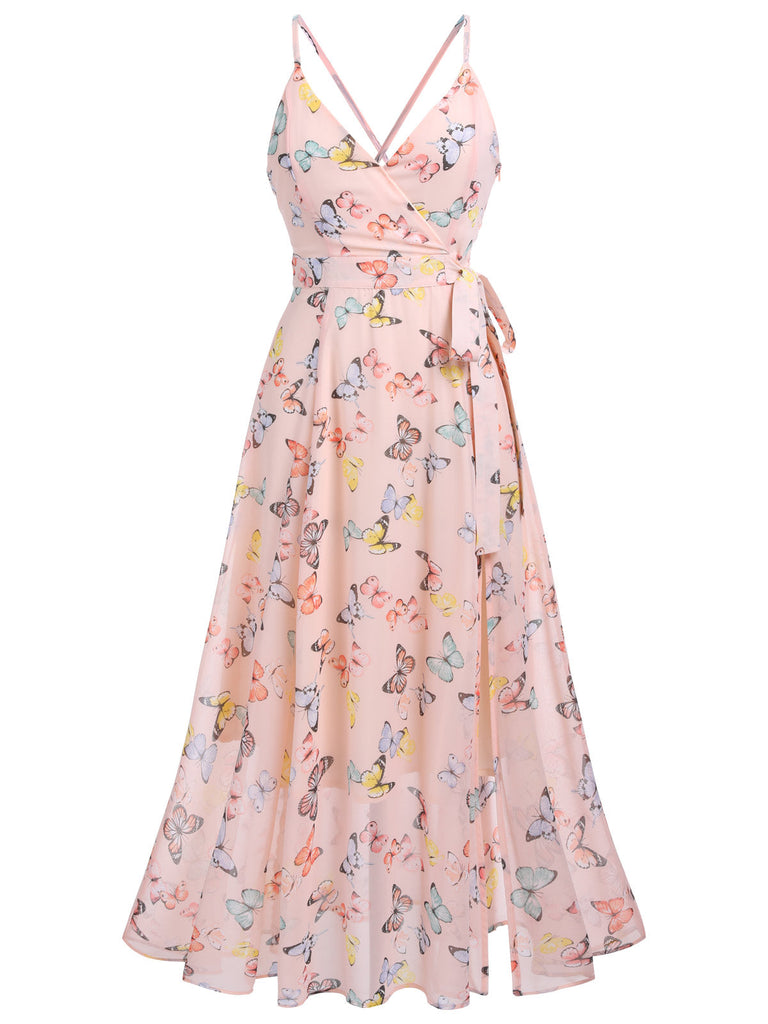 [US Warehouse] Light Pink Butterfly Strap Lace-up Vintage Dress