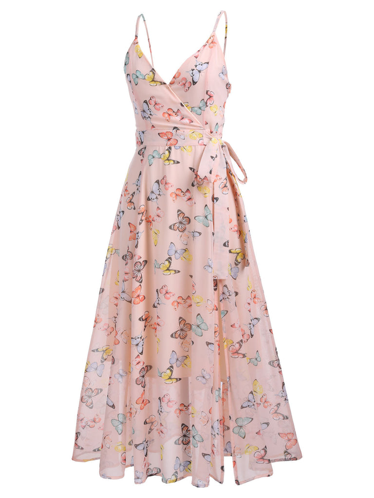 [US Warehouse] Light Pink Butterfly Strap Lace-up Vintage Dress