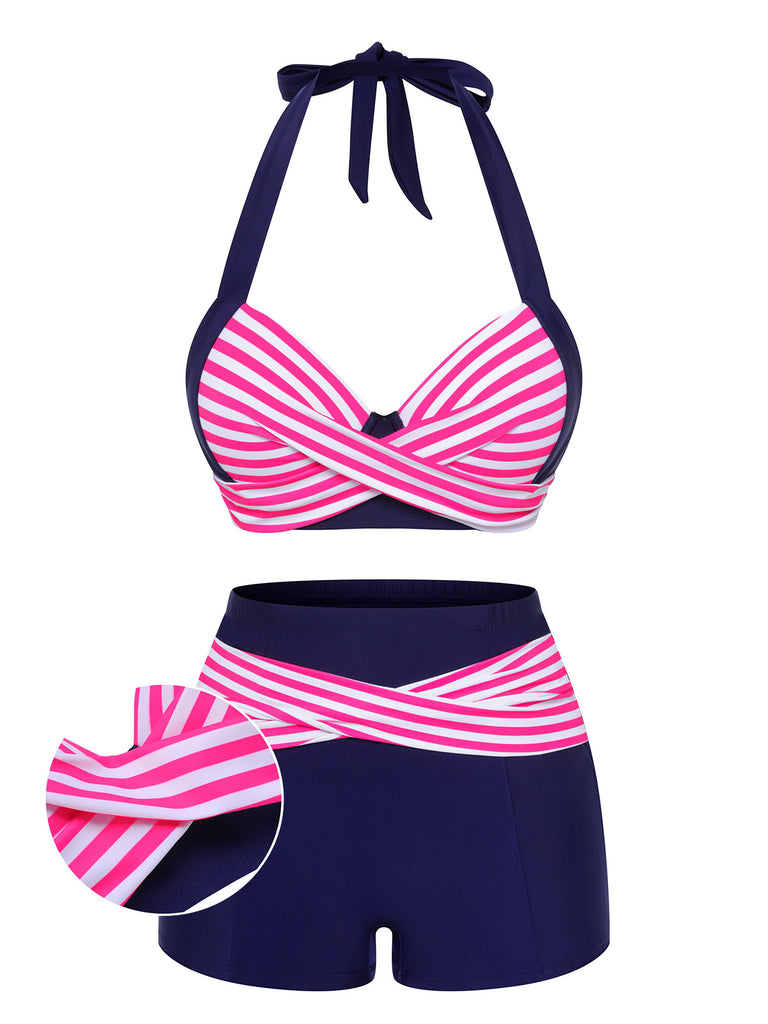 Pink Blue 1950s Striped Halter Swimsuit Retro Stage