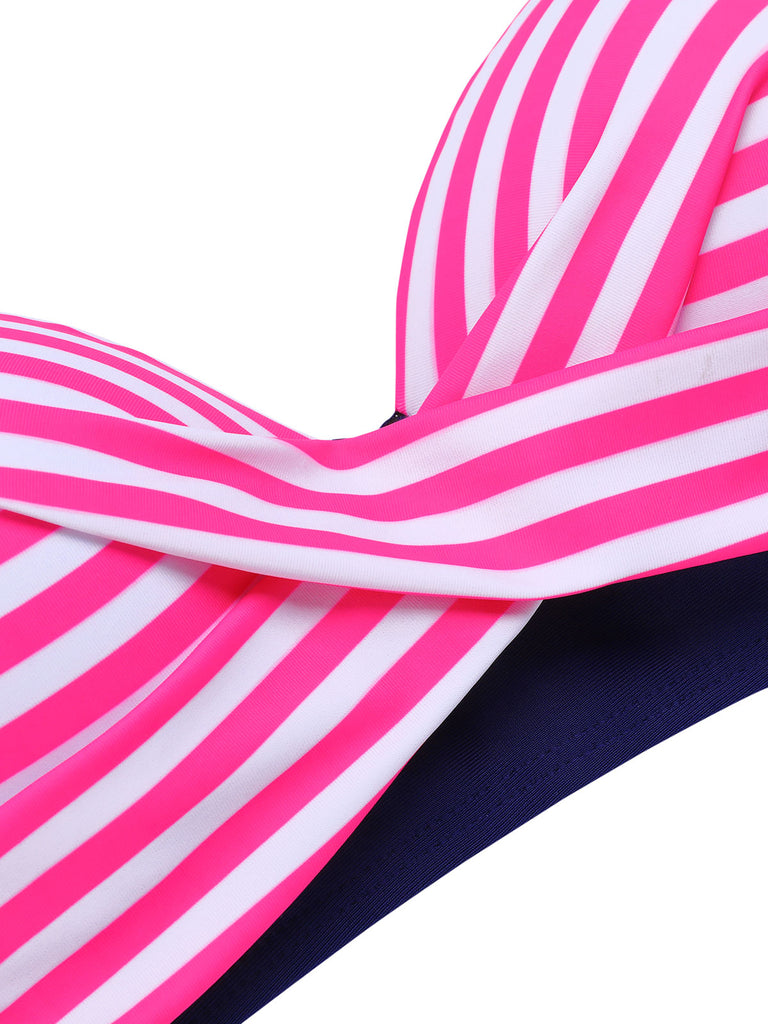 Pink & Blue 1950s Striped Halter Swimsuit