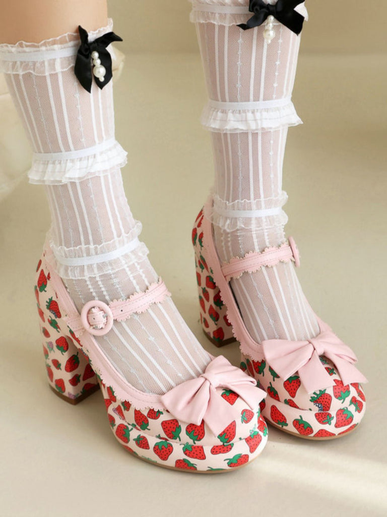 Retro Leather Strawberry Bow Chunky Heels