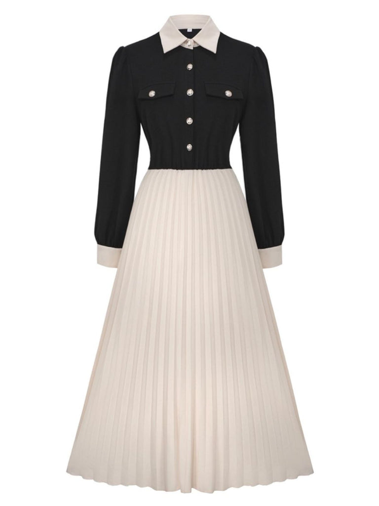 1940s Lapel Color-Block Pleated Swing Dress