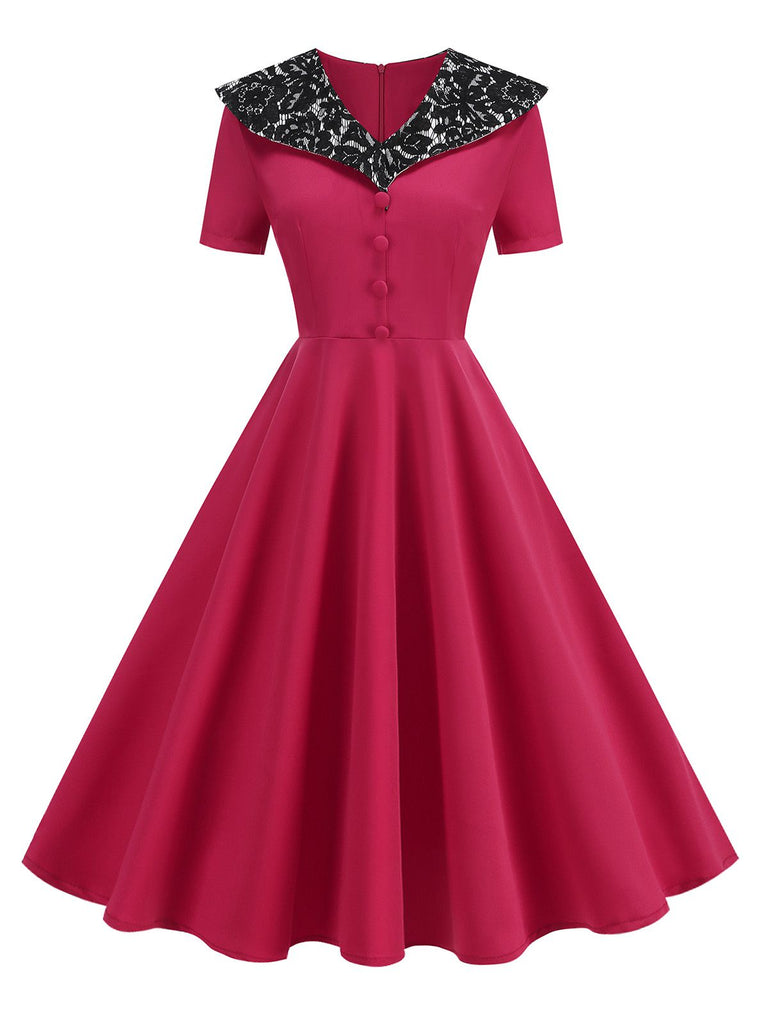 Red 1950s Lace Floral Sailor Collar Swing Dress