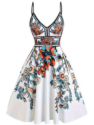 [Plus Size] Multicolor 1950s Floral Spaghetti Straps Dress