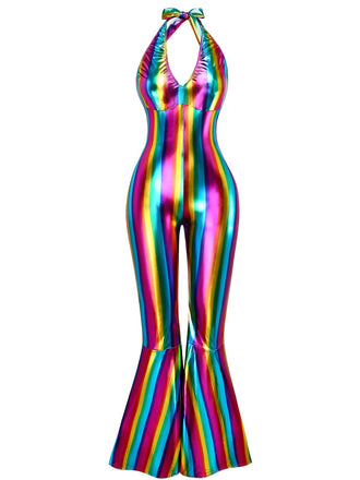 [Pre-Sale] 1970s Rainbow Colorblock Disco Halter Jumpsuit