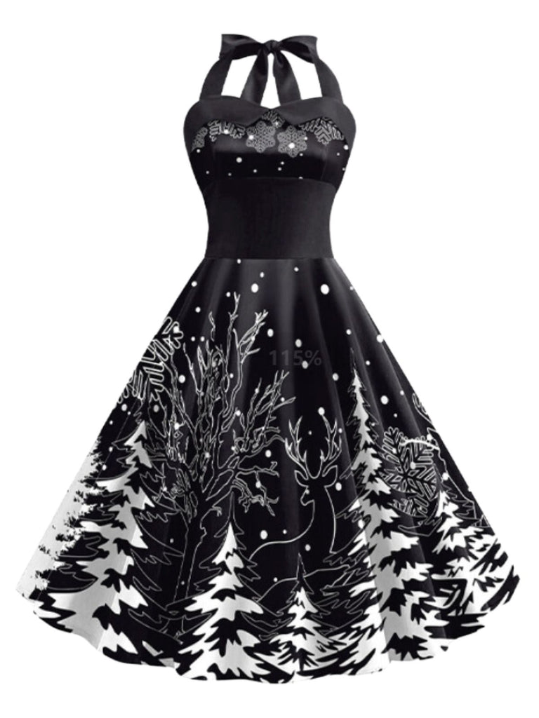 Black 1950s Christmas Halter Swing Dress