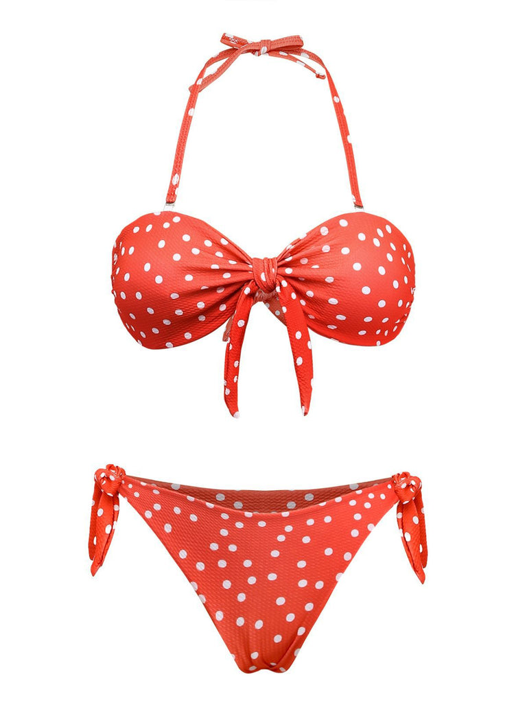 1970s Polka Dot Tie-Front Strapless Bikini Set