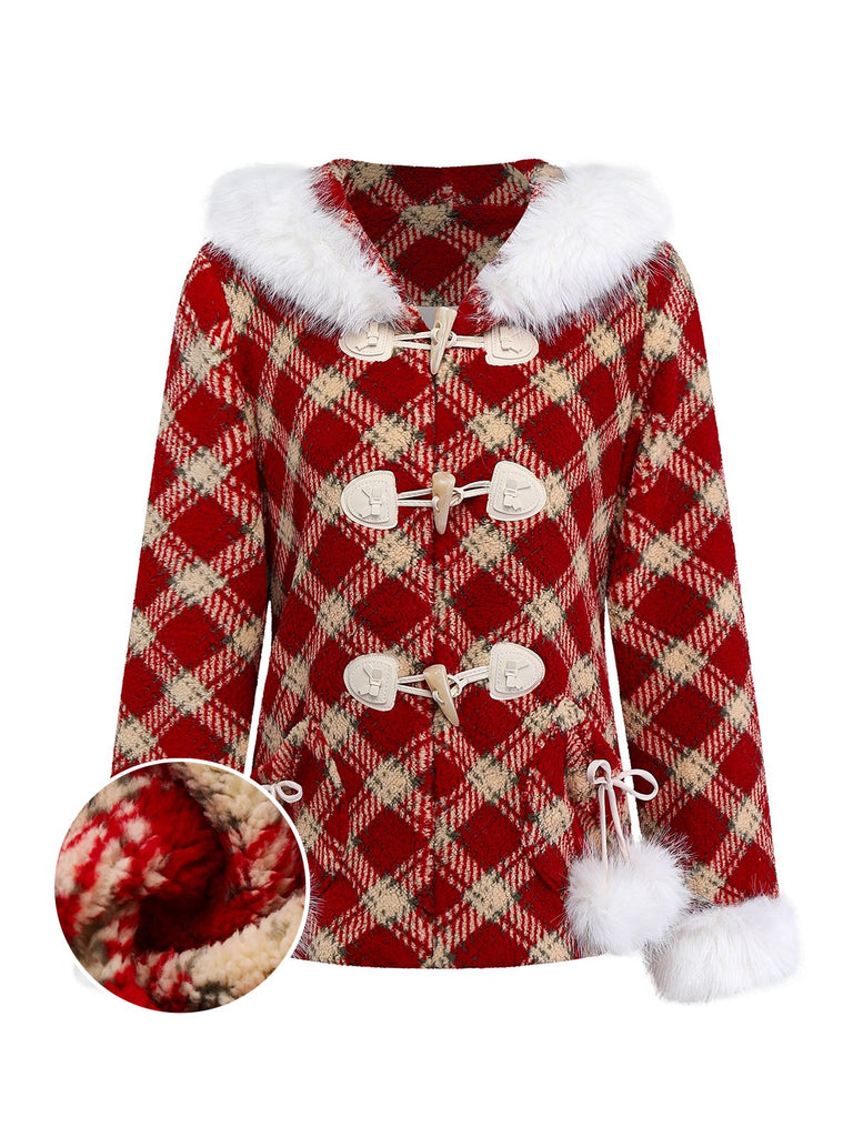 [Pre-Sale] Red 1940s Detachable Fur Collar Plaid Fleece Coat