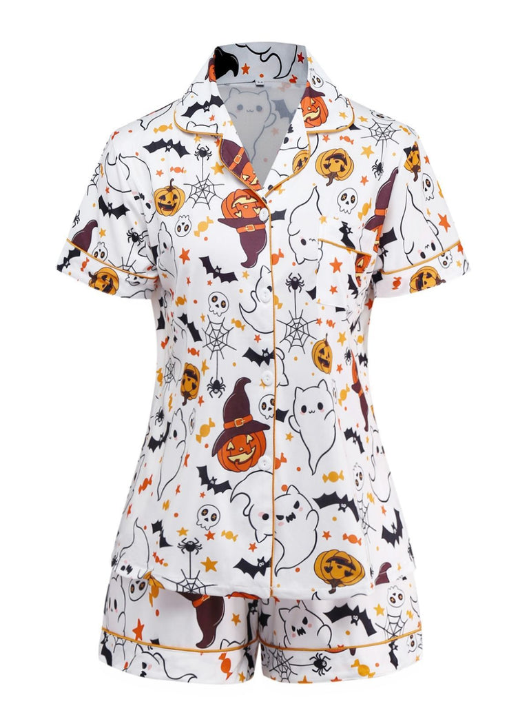 Black 1950s Halloween Print Notched Collar Pajama Set