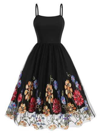 1950s Black Mesh Floral Embroidered Dress
