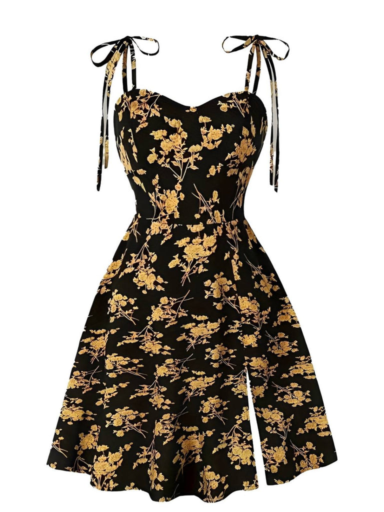 [Plus Size] Orange 1940s Ditsy Floral Spaghetti Strap Lace-Up Dress