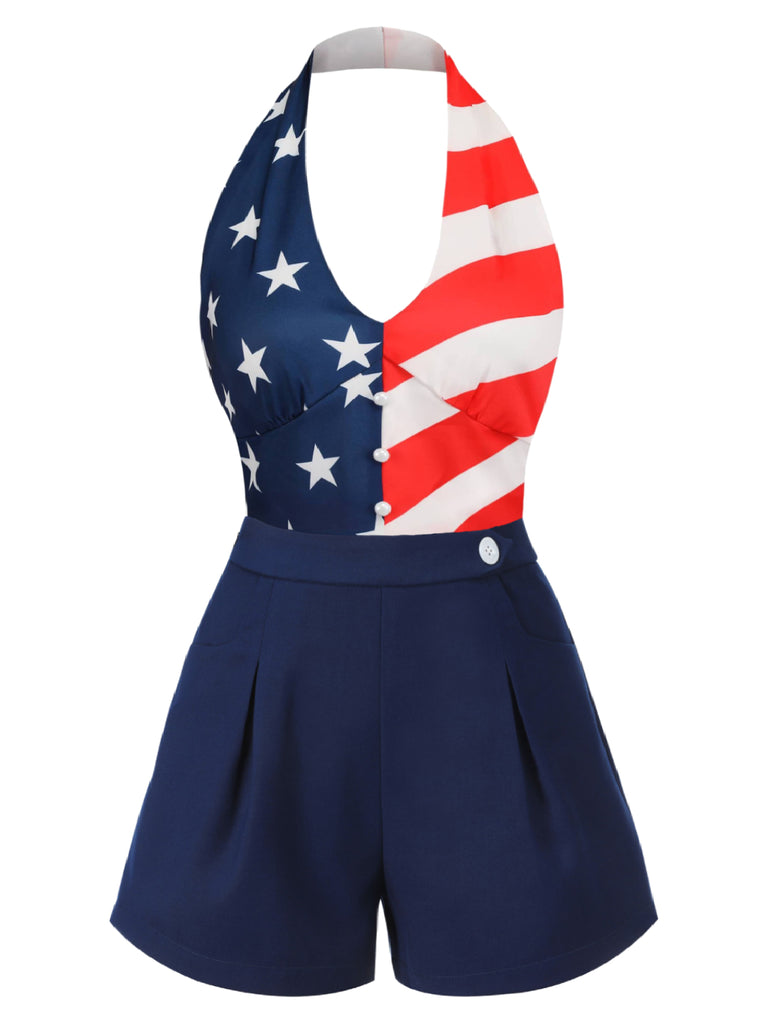 Navy Blue 1950s Solid Button Shorts