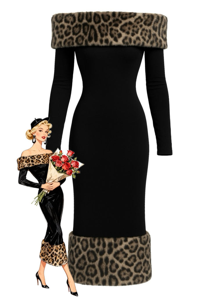 Black 1930s Leopard Fur Patchwork One-shoulder Dress