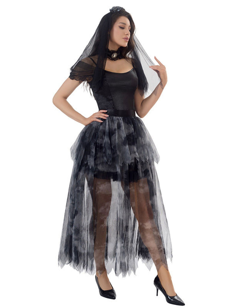 Black 1970s Halloween Ghost Bride Tulle Dress Set
