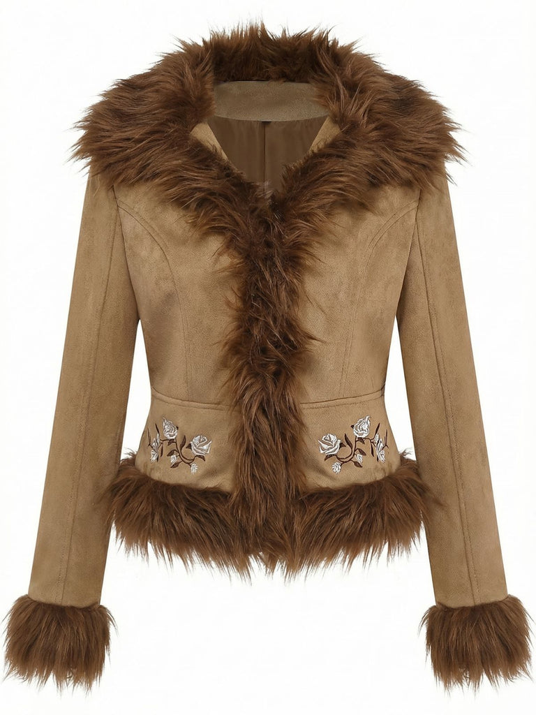 1970s Faux Suede Fur Trim Embroidered Rose Jacket