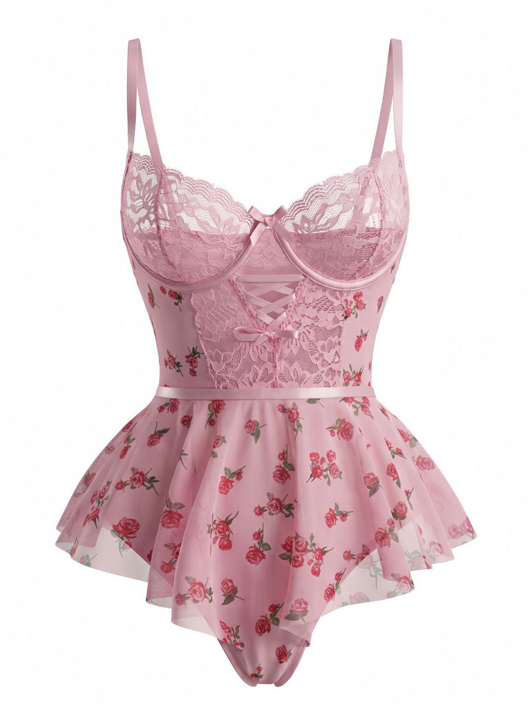 Pink 1930s Slip Roses Bow Lace Sleepwear