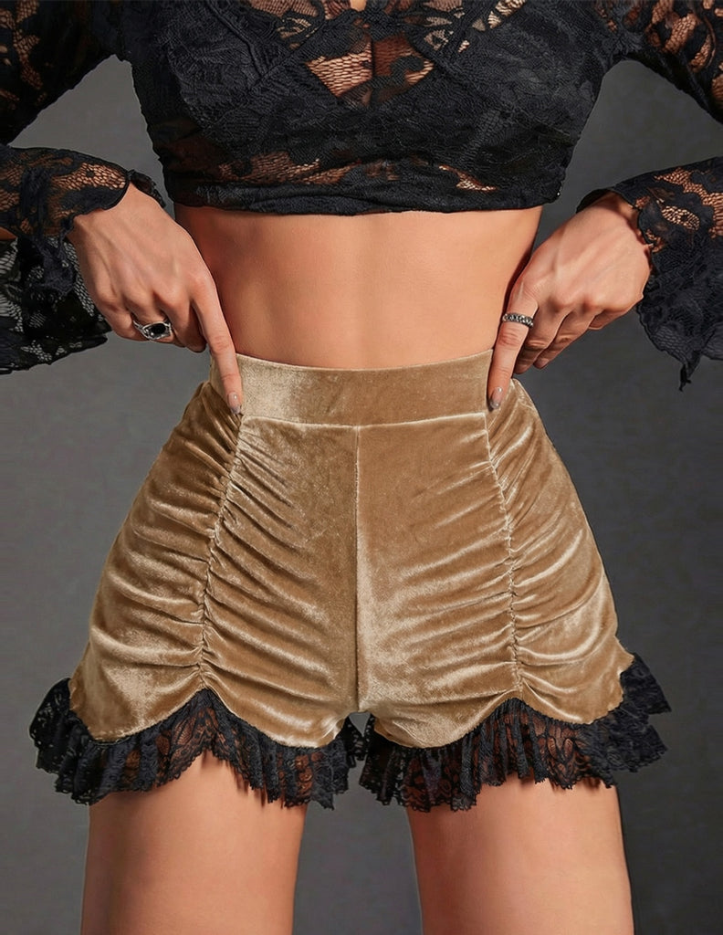 [Pre-Sale] Khaki 1970s Solid Velvet Lace Pleated Shorts